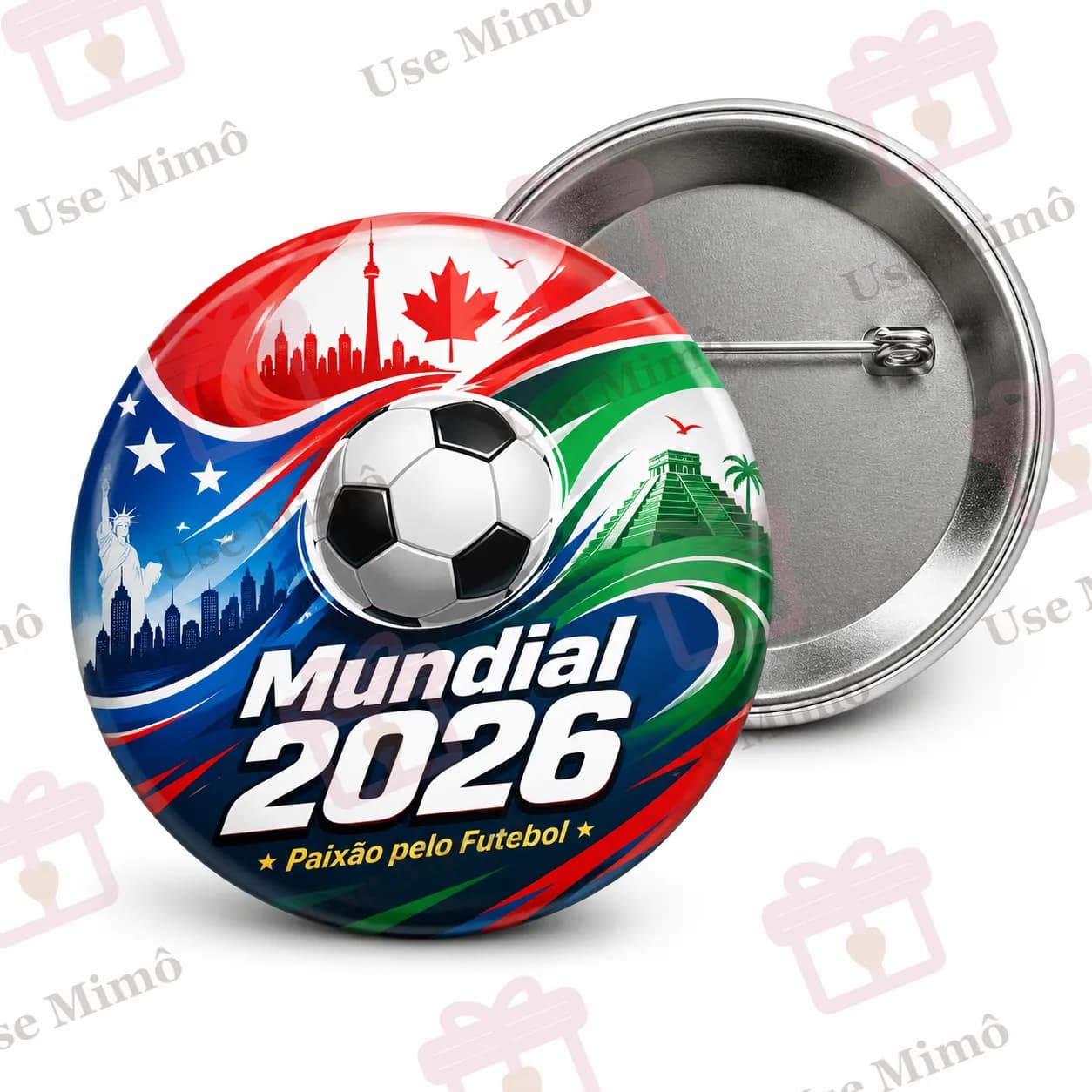 Botão redondo com imagem de uma bola de futebol, texto "Mundial 2026 Paixão pelo Futebol" e elementos gráficos de bandeiras de países participantes da copa de 2026.